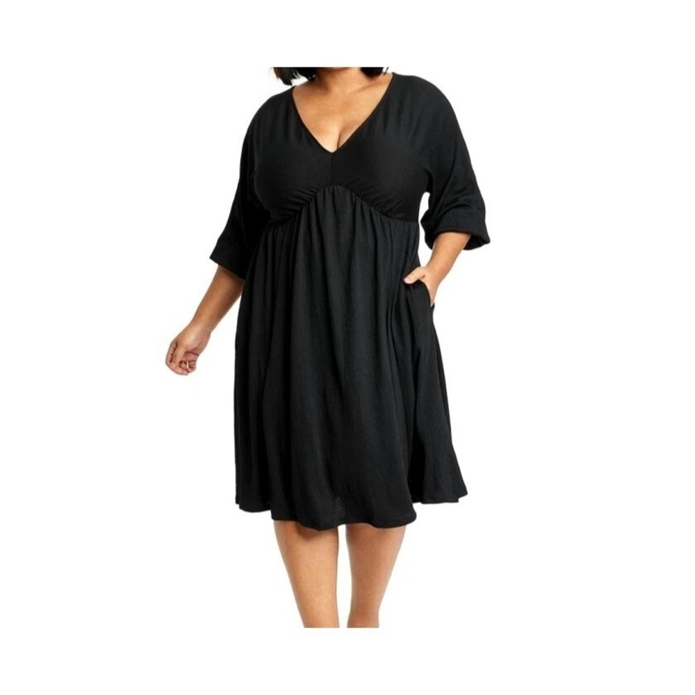 Ava & Viv Empire Waist Dress Womens‎ 1X Black Pockets 3/4 Sleeves Midi Career